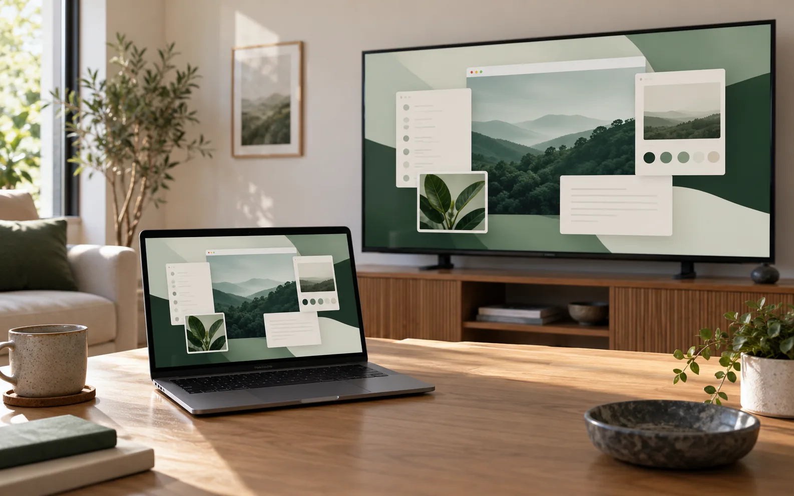 Scène illustrative : bureau Mac affiché sur TV, sans câble HDMI