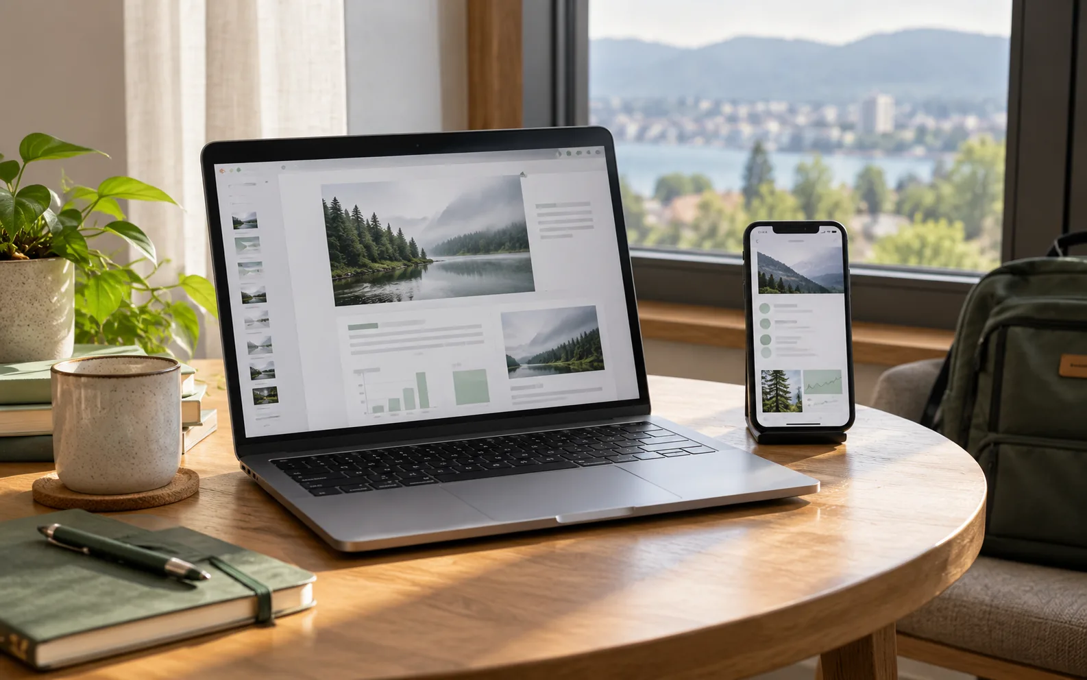 MacBook et iPhone utilisés ensemble sur un petit bureau